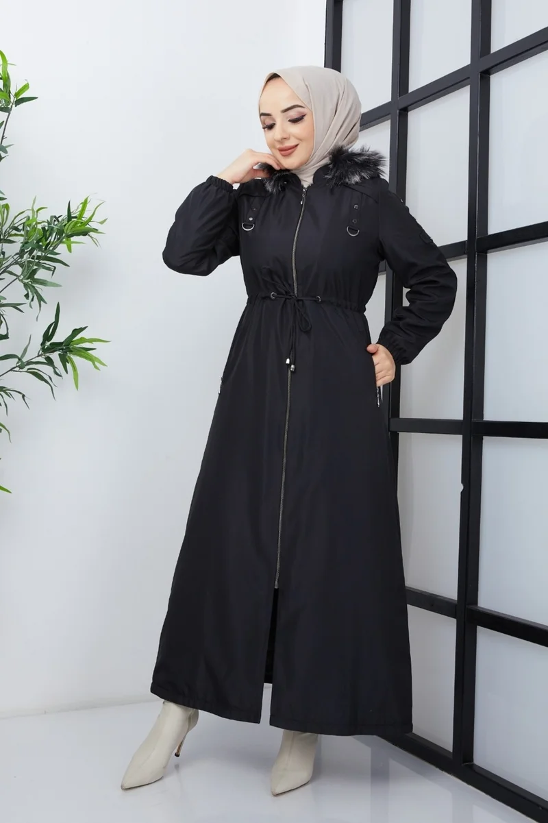 كي ام كي كومبين KMK Combined Patterned Waist Belted Under Lining Fiber Hat Furry Long Coat & Jacket