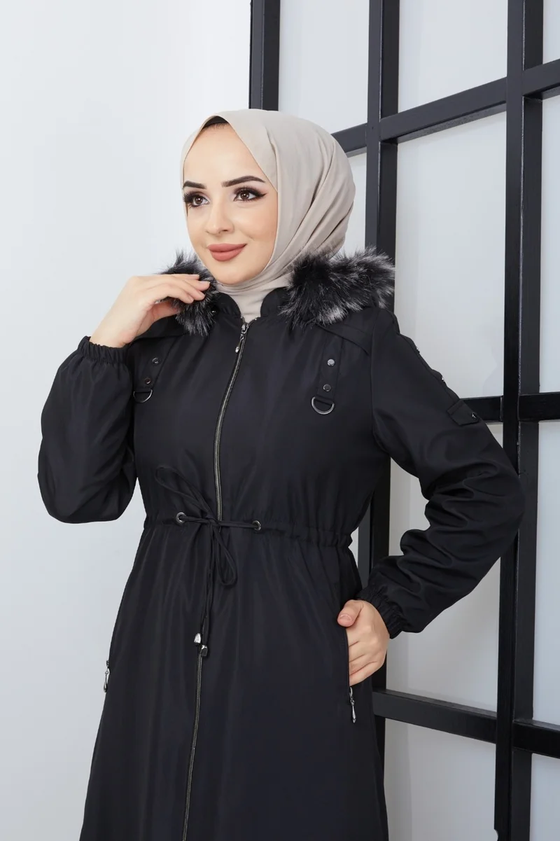 كي ام كي كومبين KMK Combined Patterned Waist Belted Under Lining Fiber Hat Furry Long Coat & Jacket