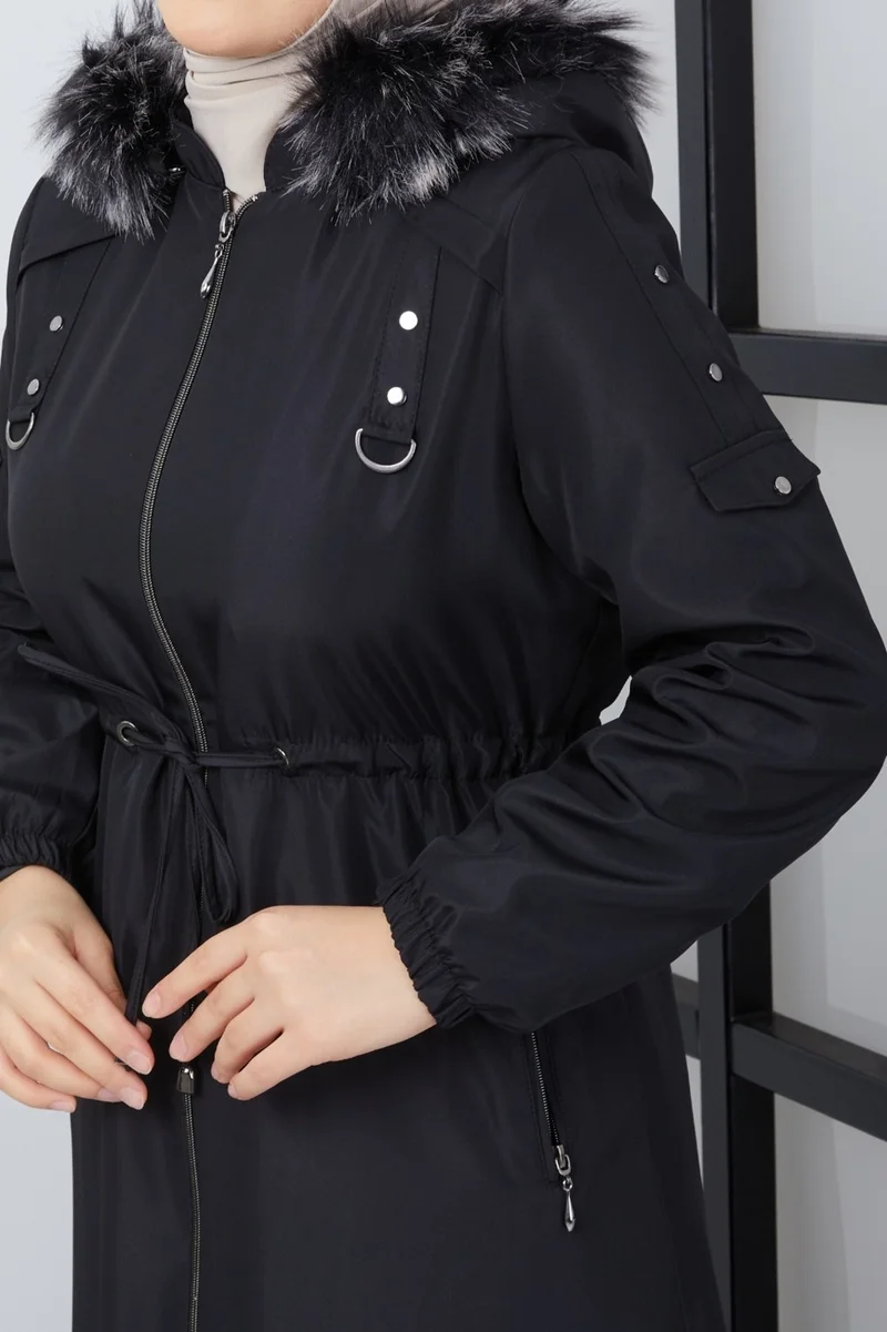 كي ام كي كومبين KMK Combined Patterned Waist Belted Under Lining Fiber Hat Furry Long Coat & Jacket