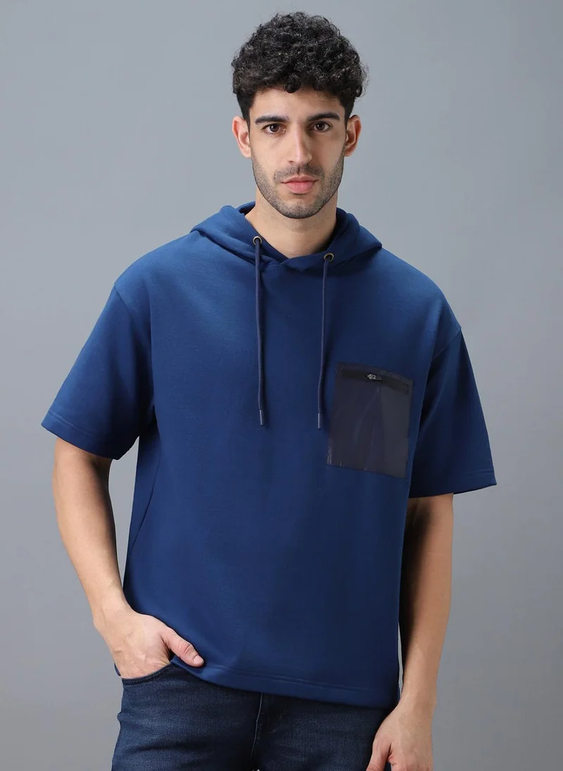Urbano Fashion Men's Blue Cotton Solid Oversized Hooded Neck Sweatshirt