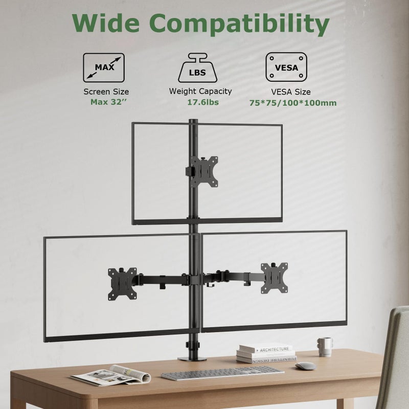 UPGRAVITY 3 Monitor Desk Mount for 17 to 32 inch Screens, Fully Adjustable Triple Monitor Stand with Tilt,Swivel,Rotate, Each Arm Holds up 17.6 lbs,VESA Mount 75x75/100x100mm, Clamp & Grommet Kit - Image 3