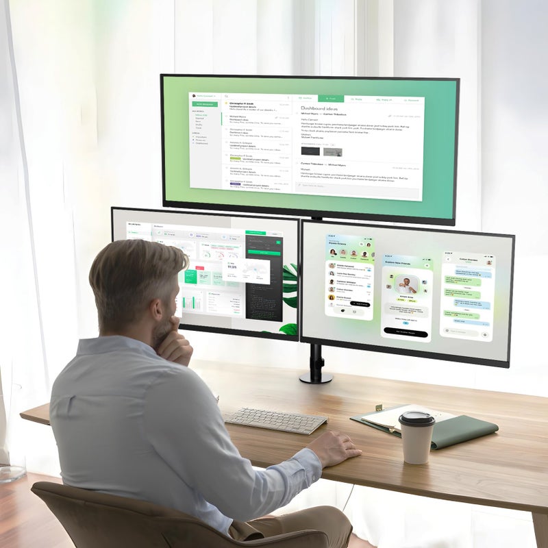 UPGRAVITY 3 Monitor Desk Mount for 17 to 32 inch Screens, Fully Adjustable Triple Monitor Stand with Tilt,Swivel,Rotate, Each Arm Holds up 17.6 lbs,VESA Mount 75x75/100x100mm, Clamp & Grommet Kit - Image 2