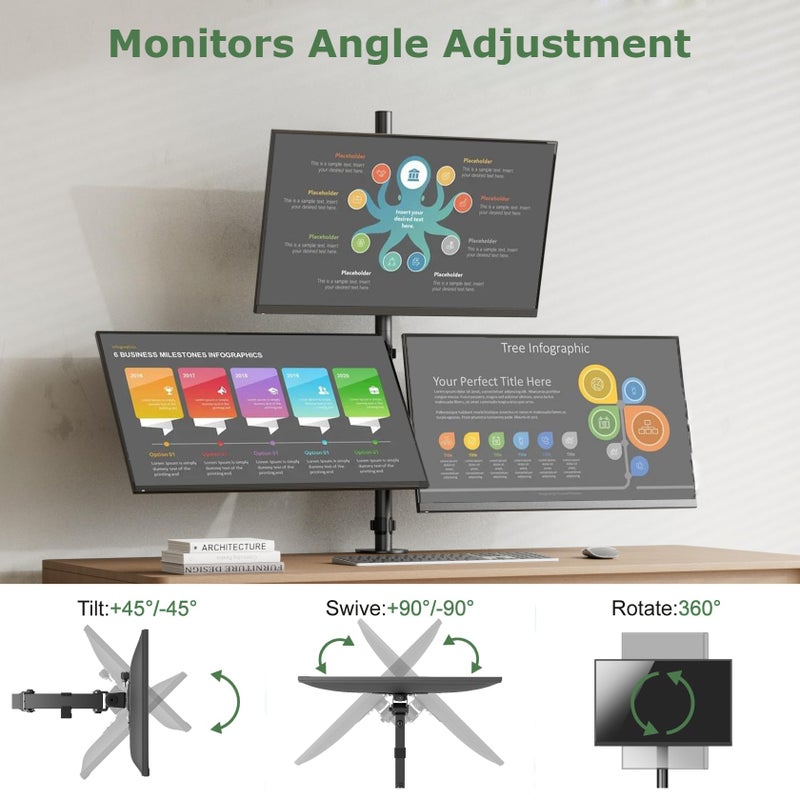 UPGRAVITY 3 Monitor Desk Mount for 17 to 32 inch Screens, Fully Adjustable Triple Monitor Stand with Tilt,Swivel,Rotate, Each Arm Holds up 17.6 lbs,VESA Mount 75x75/100x100mm, Clamp & Grommet Kit - Image 5