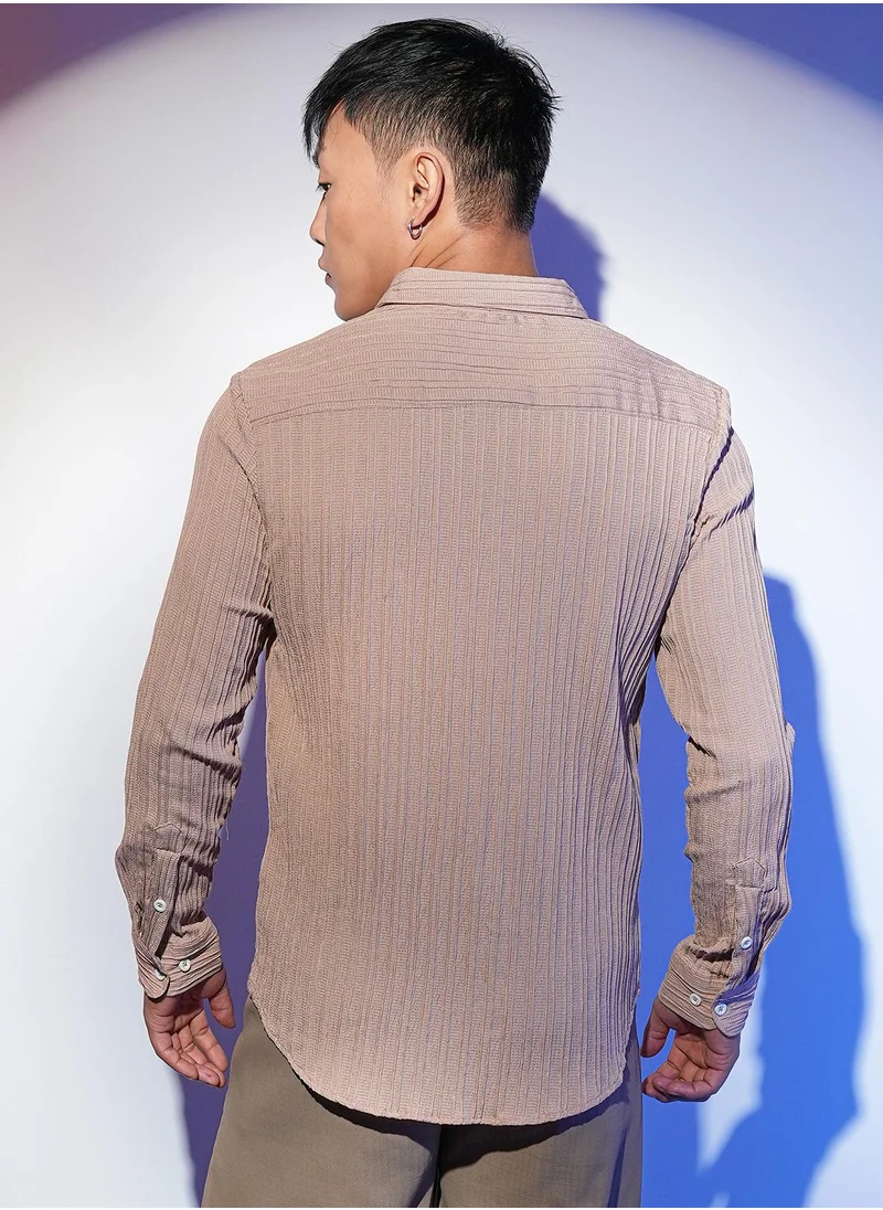 Campus Sutra Men's Light Beige Self-Design Striped Shirt