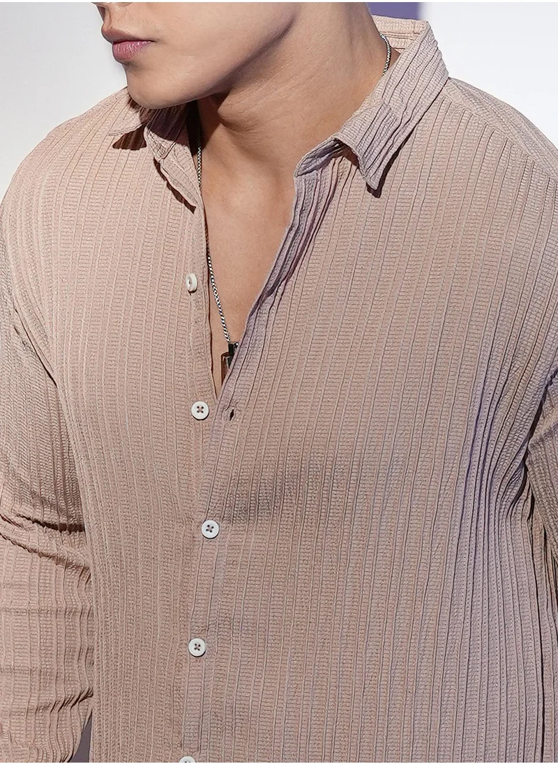 Campus Sutra Men's Light Beige Self-Design Striped Shirt