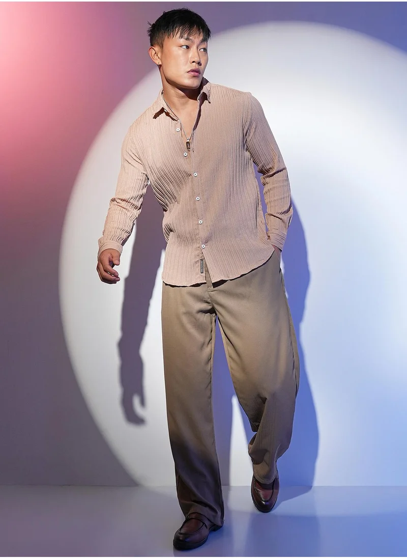 Campus Sutra Men's Light Beige Self-Design Striped Shirt