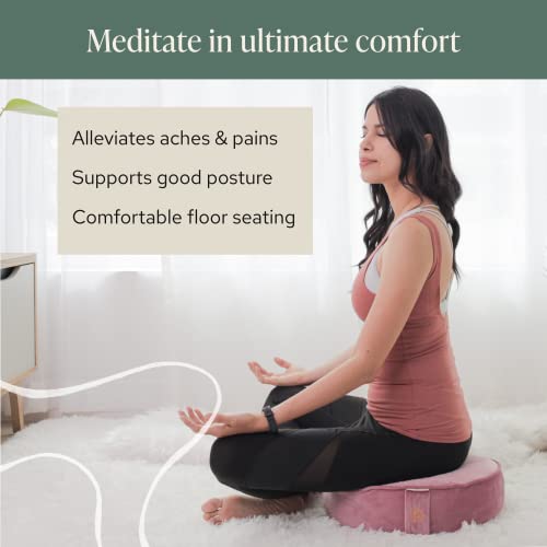 Mindful Modern Velvet Meditation Cushion | Luxe Zafu Yoga Floor Pillow Seat | Posture Support | Buckwheat Hull Filled | Large Round Cushion with Removable Washable Cover + Carry Handle | Color Pink - Image 2