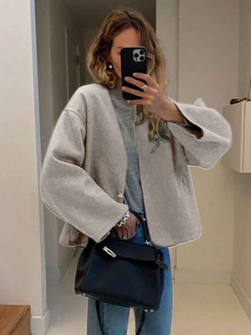 HOTIAN Women Cropped Wool Blend Coats Long Sleeve Coat Jacket Peacoat Fall Winter Outwear Overcoat - Image 4