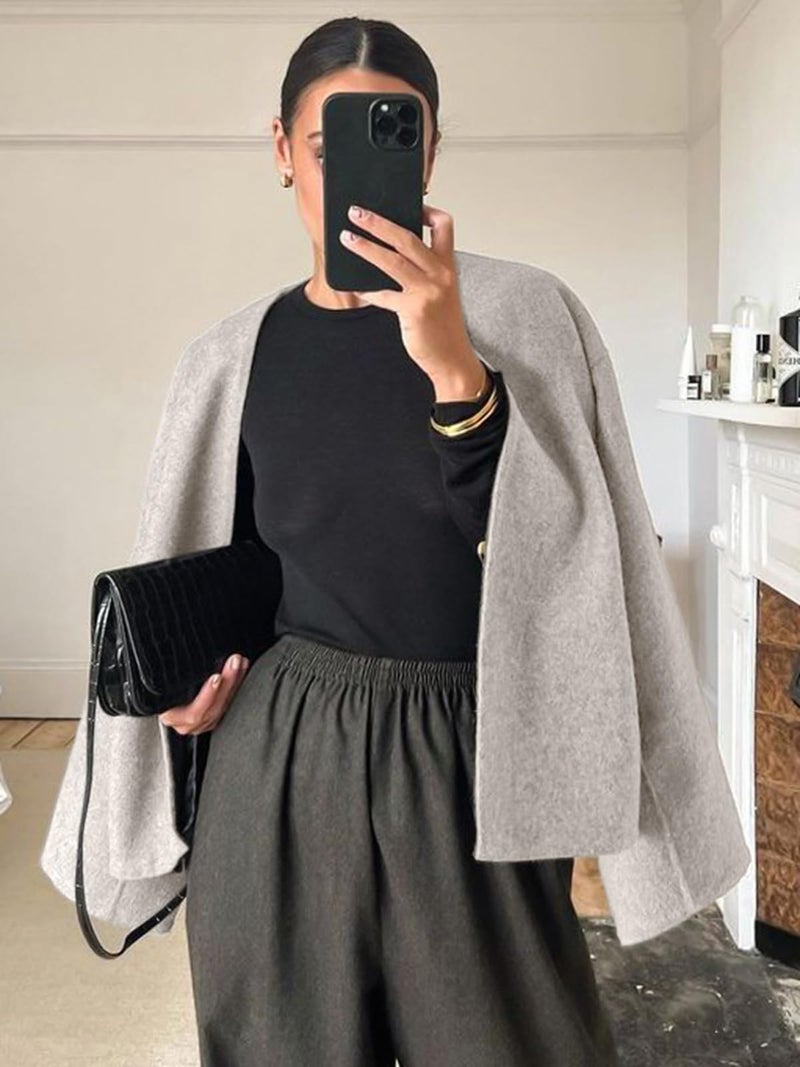 HOTIAN Women Cropped Wool Blend Coats Long Sleeve Coat Jacket Peacoat Fall Winter Outwear Overcoat - Image 2