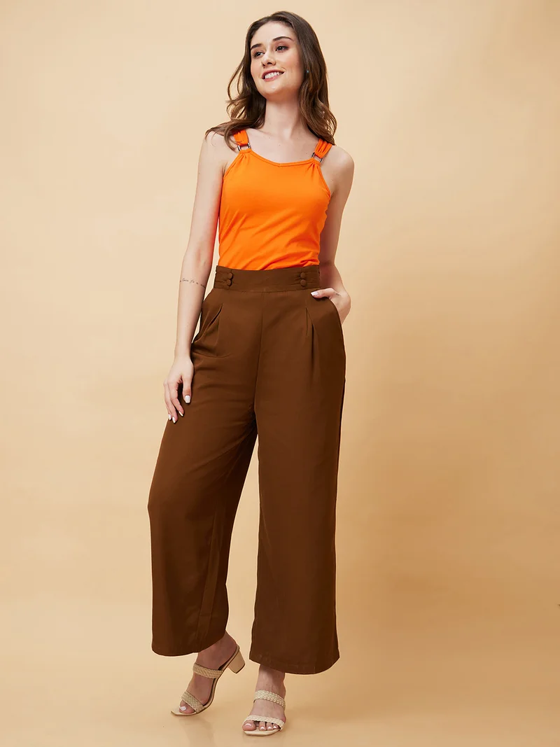 جلو باص بنطلون نسائي واسع الساق بخصر مكشكش وطيات خلفية