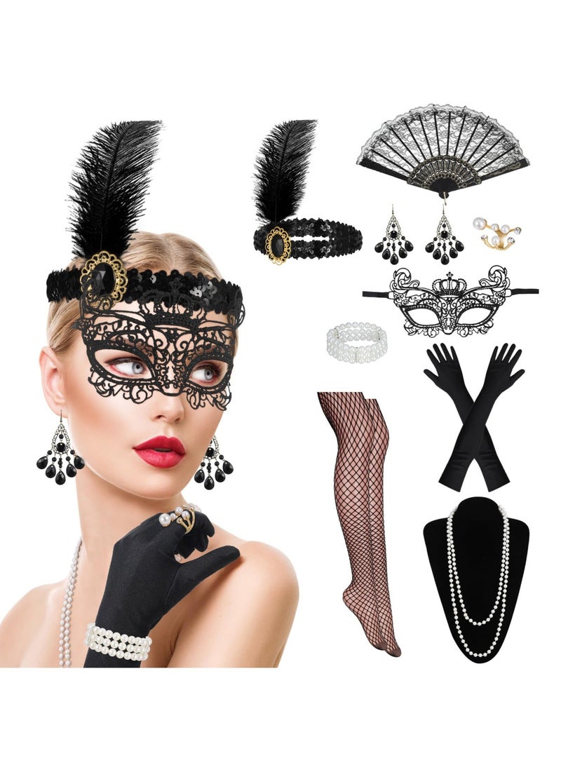 Party Dress Up Set, 1920s Flapper Accessories Set for Women, Fancy Dress Party Accessories with Flapper Headband Long Gloves Pearl Necklace, Great Gatsby Theme Party Accessories (A2) - Image 1