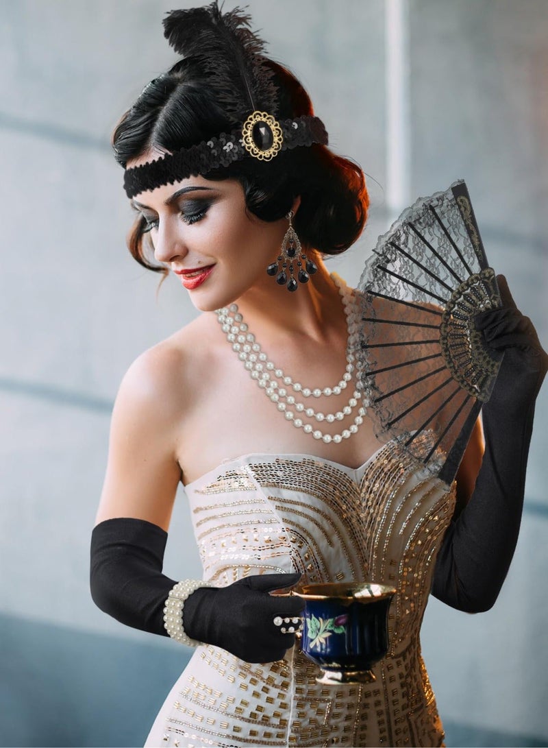 Party Dress Up Set, 1920s Flapper Accessories Set for Women, Fancy Dress Party Accessories with Flapper Headband Long Gloves Pearl Necklace, Great Gatsby Theme Party Accessories (A2) - Image 2