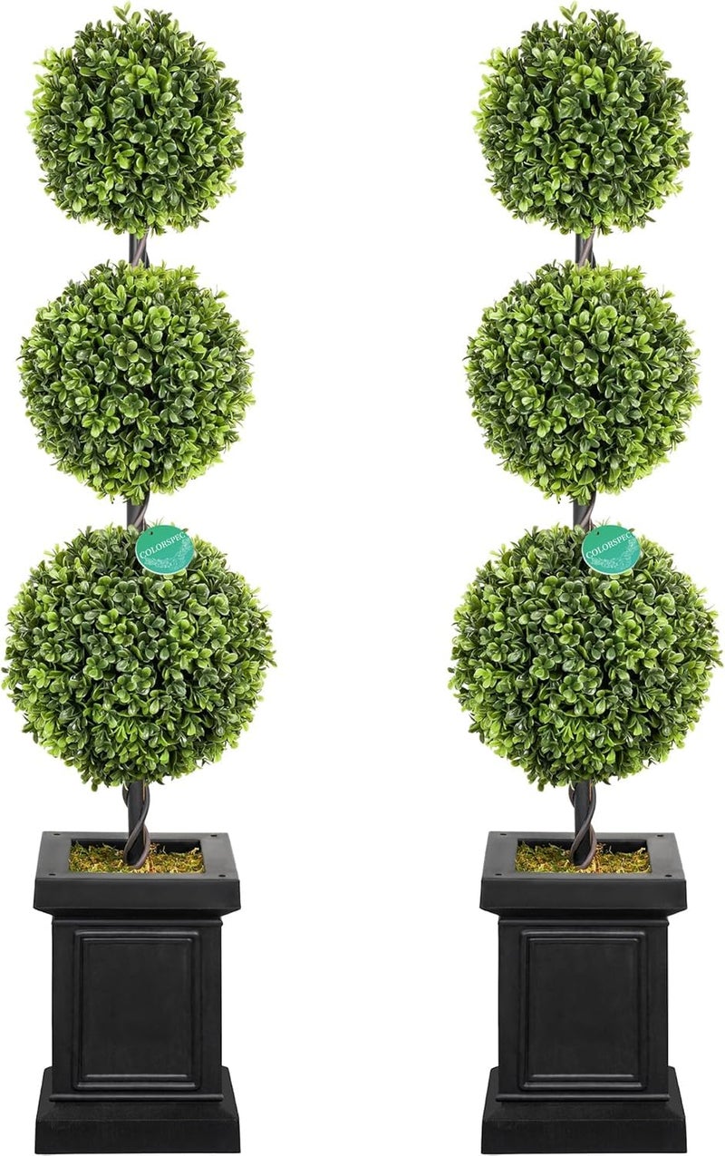 colorspec 3.5ft Boxwood Outdoor Topiary Set of 2, Tall All Year Green Fake Plant Topiary Trees Artificial Outdoor Porch Trees with Sturdy Pot for Outdoor Indoor (Ball) - Image 1