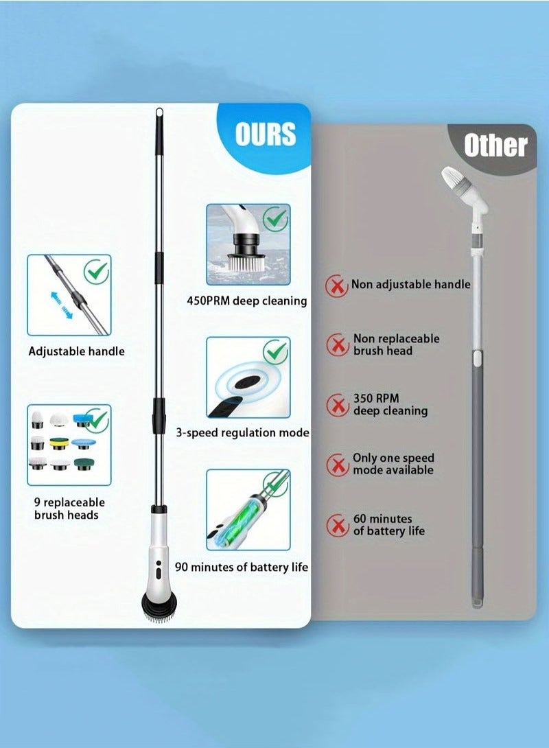 Multi-Function Electric Cleaning Brush Multifunctional Household with Adjustable Extension Handle, Wireless Electric Rotatable Brush For Bathroom Kitchen Toilet Cleaning Brush with 9 Interchangeable Drill Brush Heads - Image 2