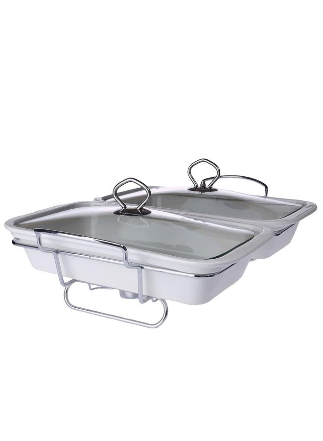 Dove Porcelain Rectangle Twin Food Warmer With Silver Candle Stand & Glass Lid 1.8Liter + 1.8Liter White/Silver - Image 1