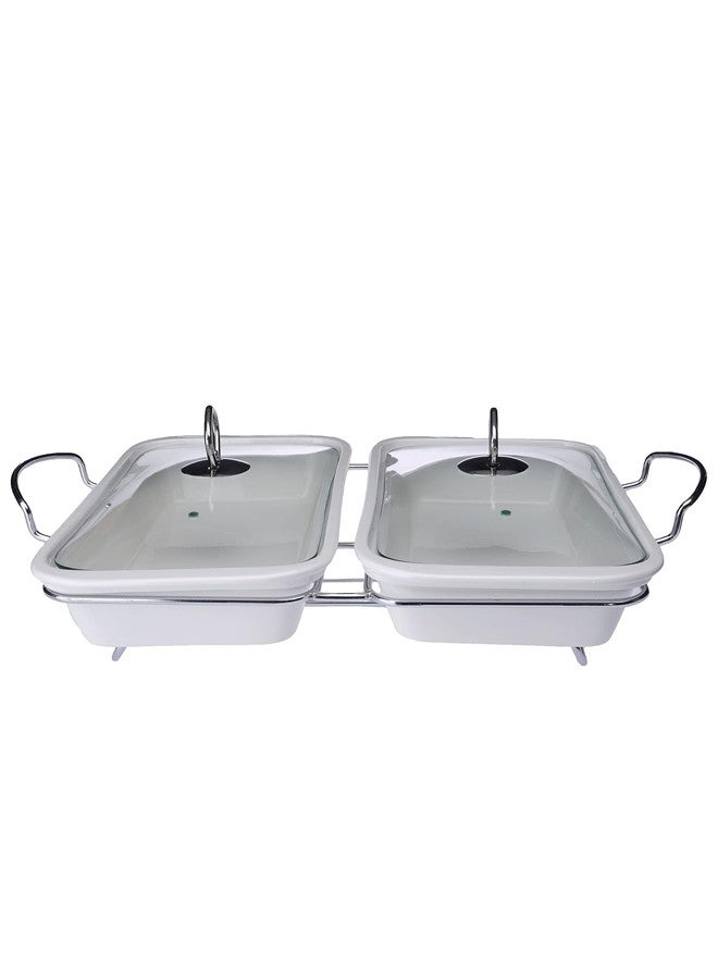 Dove Porcelain Rectangle Twin Food Warmer With Silver Candle Stand & Glass Lid 1.8Liter + 1.8Liter White/Silver - Image 2