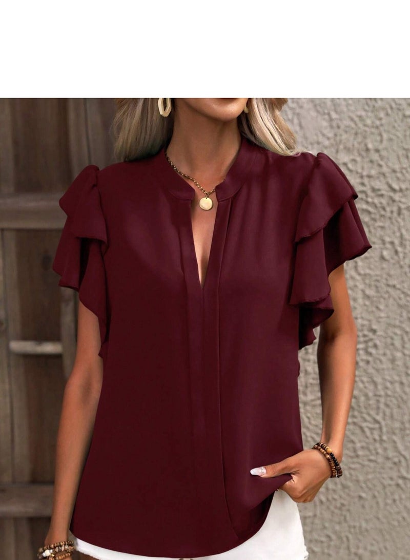 Shougu New V-neck Casual Solid Color Shirt Top  - Image 2