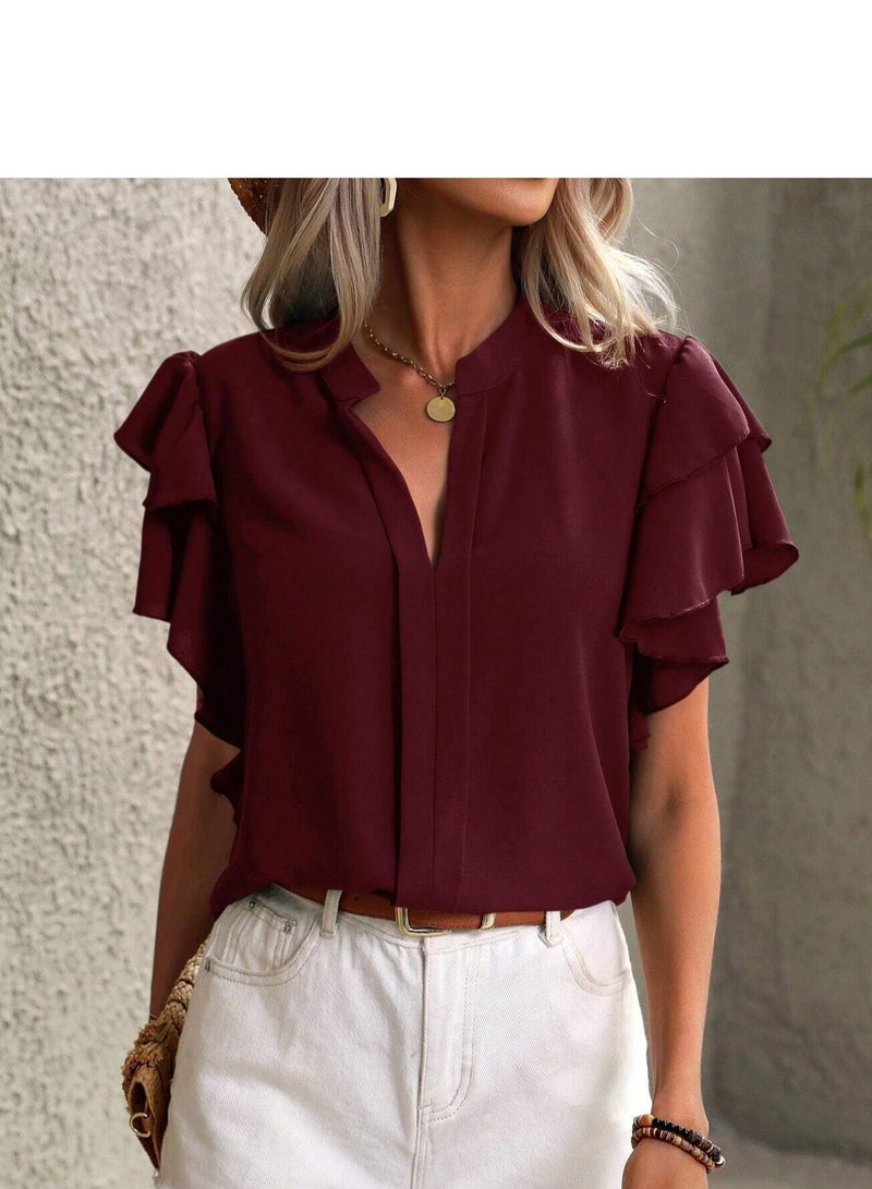 Shougu New V-neck Casual Solid Color Shirt Top  - Image 3