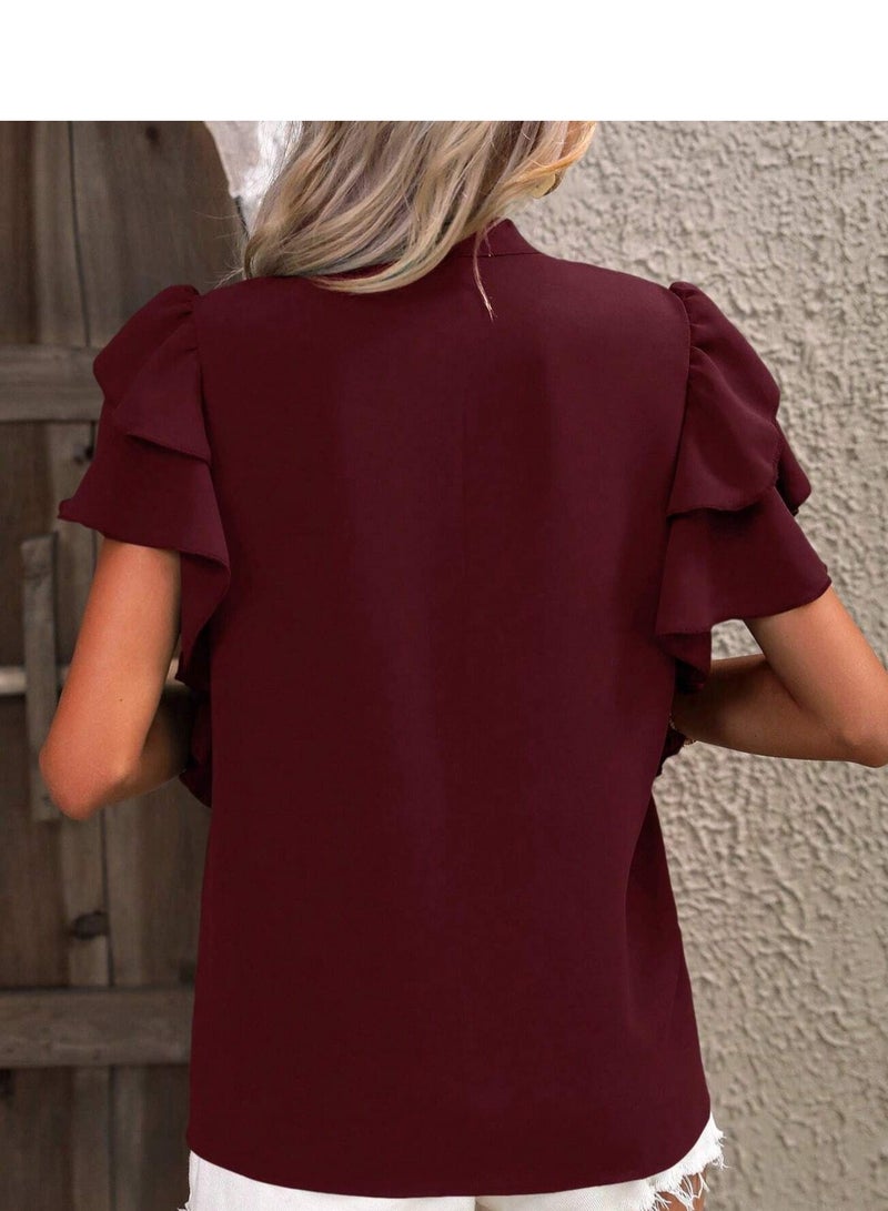 Shougu New V-neck Casual Solid Color Shirt Top  - Image 4
