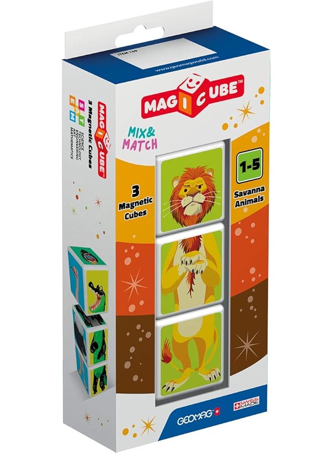 جيوماغ لعبة تركيب مغناطيسية تعليمية على شكل حيوانات السافانا من ماجيكوب، مصنوعة في سويسرا، مصنوعة من بلاستيك معاد تدويره بنسبة 100%، مفتوحة الأطراف، مناسبة للأطفال من عمر سنة فما فوق، 3 قطع - Image 1