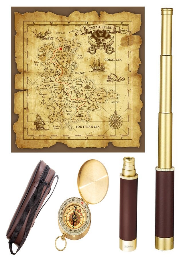 Laupha Retro Pirate Telescope Zoomable with Treasure Map 25x30 Spyglass Portable Collapsible Handheld Telescope Vintage Monocular for Kids & Survival Gear Compass Pocket Military Compass - Image 1