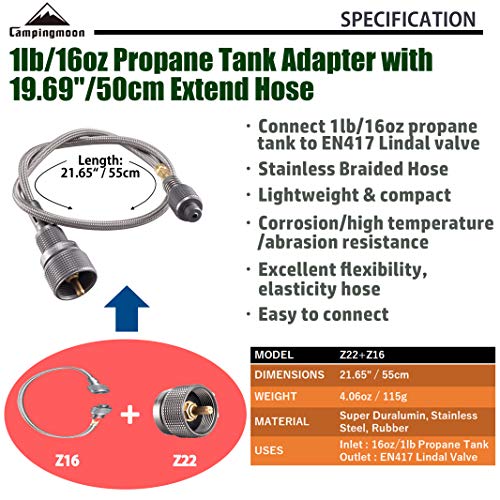 camping moon CAMPINGMOON Camping Gas Stove Adapter with Extent Hose, Inlet: 16oz/1Lb Small Propane Tank, Outlet: EN417 Lindal Valve Z22/Z16 - Image 2
