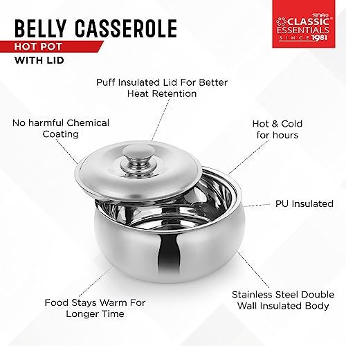 CLASSIC ESSENTIALS Stainless Steel Tripot Double Wall Insulated Belly Casserole Serve Casserole (1500 ml), Silver - Image 2