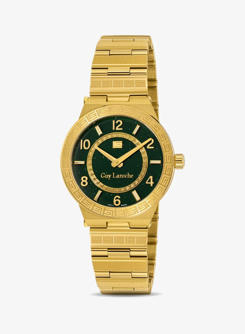 Guy Laroche Sacha 32mm Ladies Swiss Quartz Watch with Green Glitter Mother-of-Pearl Dial, Gold-Plated Bracelet & Sapphire Glass