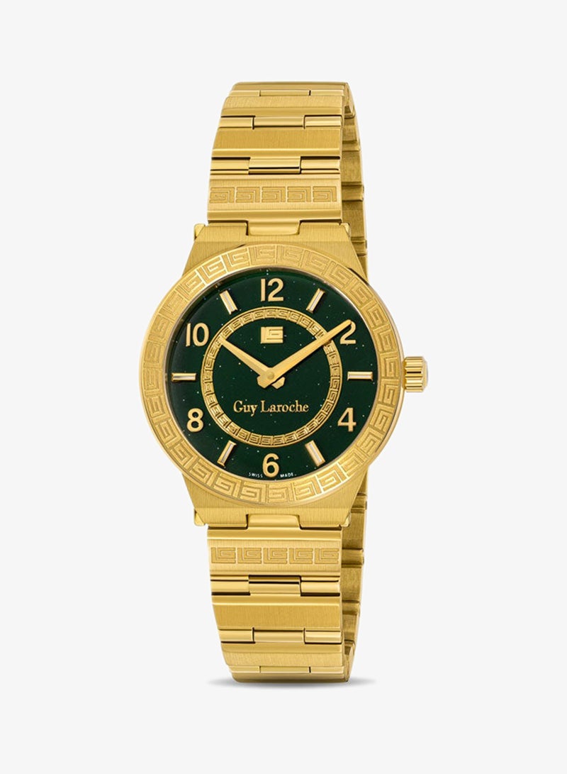 Guy Laroche Sacha 32mm Ladies Swiss Quartz Watch with Green Glitter Mother-of-Pearl Dial, Gold-Plated Bracelet & Sapphire Glass - Image 1