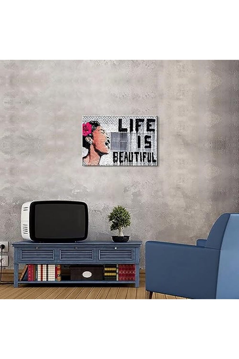 Mistyefly Graffiti Canvas Wall Art Banksy Wall Art Life is Beautiful Wall Decor Banksy Prints Wall Art Colorful Street Graffiti Art Pop Art Poster Graffiti Art Framed for Bedroom Decor (12''Hx18''W) - Image 4