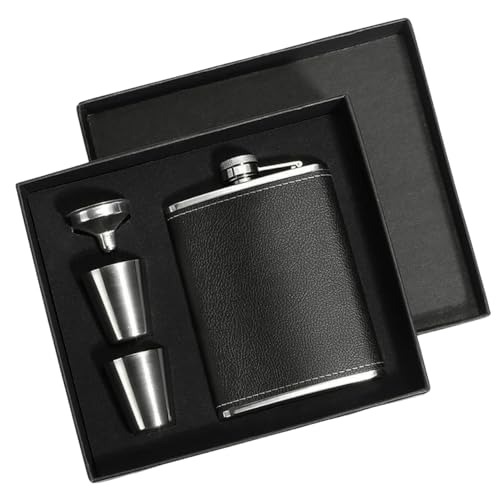 STORE 2508 Store2508 Leather & Stainless Steel Hip Flask Set 8oz with 2 Glasses & Funnel with Box, Black - Image 1