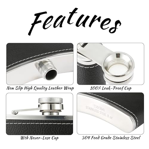 STORE 2508 Store2508 Leather & Stainless Steel Hip Flask Set 8oz with 2 Glasses & Funnel with Box, Black - Image 3