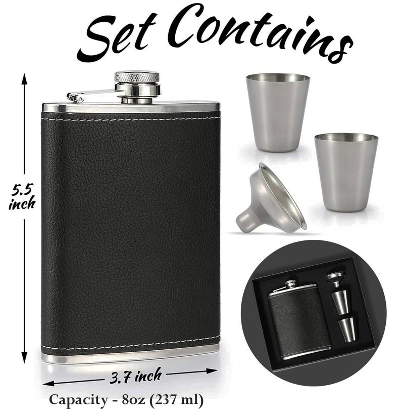 STORE 2508 Store2508 Leather & Stainless Steel Hip Flask Set 8oz with 2 Glasses & Funnel with Box, Black - Image 2