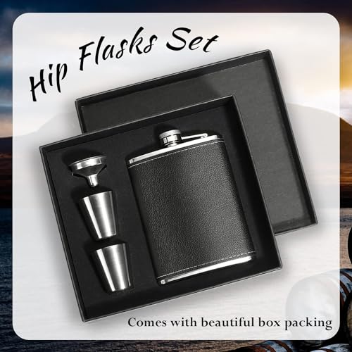 STORE 2508 Store2508 Leather & Stainless Steel Hip Flask Set 8oz with 2 Glasses & Funnel with Box, Black - Image 5