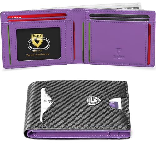GSOIAX Slim Wallet for Men Rfid Blocking Leather Bifold Front Pocket Carbon Fiber Credit Card Holder Novelty Wallets With Gift Box (Carbon Black and Purple) - Image 1