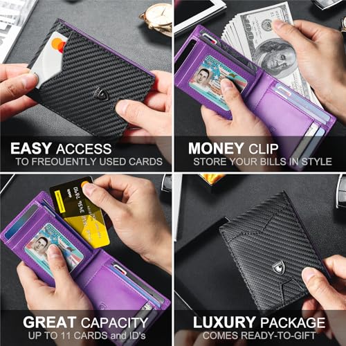 GSOIAX Slim Wallet for Men Rfid Blocking Leather Bifold Front Pocket Carbon Fiber Credit Card Holder Novelty Wallets With Gift Box (Carbon Black and Purple) - Image 5