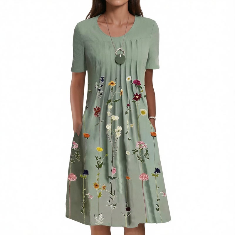 Floral Print Round Neck Pullover Midi Dress - Image 1