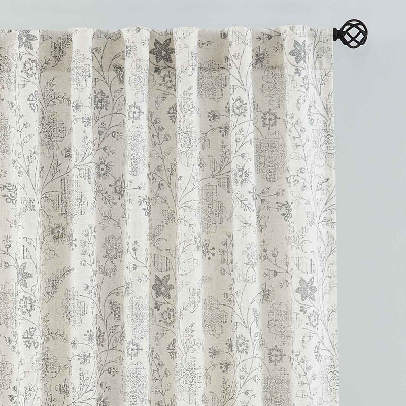 Vision Home Floral Linen Curtains 84 inch Long Rod Pocket Back Tab Farmhouse Light Filtering Botanical Print Window Curtains for Living Room Bedroom Semi Sheer Drapes Gray on Beige 2 Panels54Wx84L