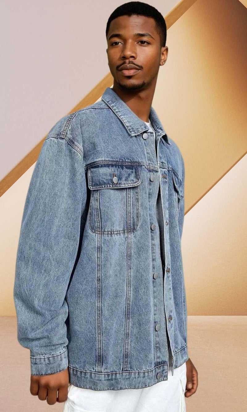 KOTTY Mens Solid Collared Forever Blue Full Sleeve Denim Jacket (Blue,2XL)-KTTFKMENSDENIMJACKET166XXL - Image 4
