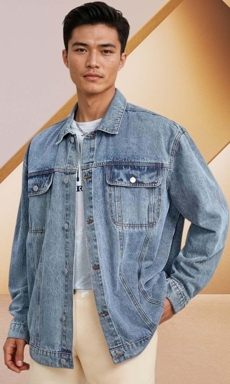 KOTTY Mens Solid Collared Forever Blue Full Sleeve Denim Jacket (Blue,2XL)-KTTFKMENSDENIMJACKET166XXL - Image 3