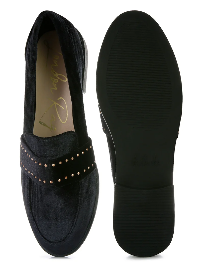 London Rag Stud Detail Velvet Loafers in Black