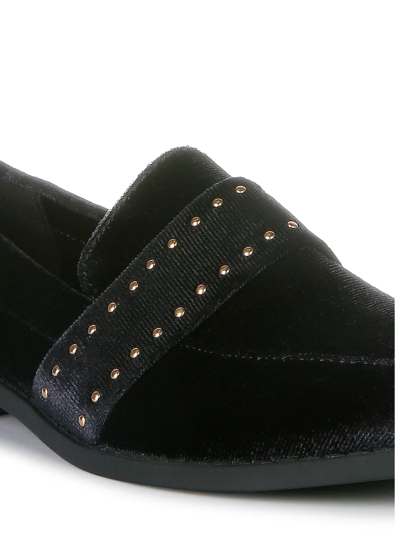 London Rag Stud Detail Velvet Loafers in Black
