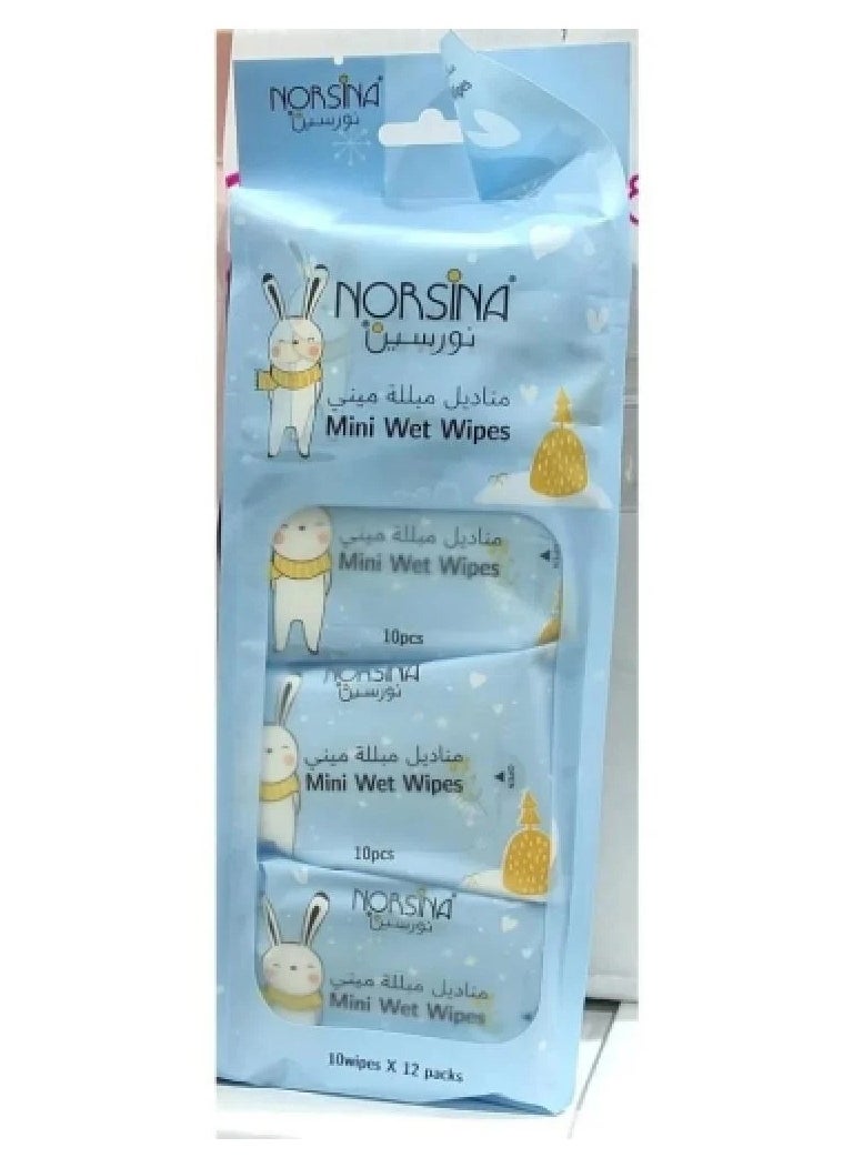 Norsina Mini blue wet wipes - 10 wipes * 12 packets 