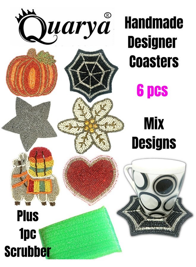 Quarya Quarya Coasters Set of 6 Handmade Traditional Round Drink Coasters Table Top Designer Coaster Set for Tea Cups Coffee Mugs Glasses (6 Different Design Coasters Plus 1 Scrubber)  - Image 2