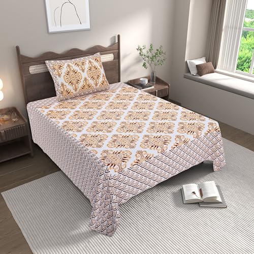 EasyGoods® 100% Pure Cotton Jaipuri Sanganeri Print Single Bedsheet with 1 Pillow Cover | Monarch Bedsheet for Single Bed Single Size| 240 TC Premium Printed Flat Bed Sheet (60 x 90 Inch,Yellow) - Image 1