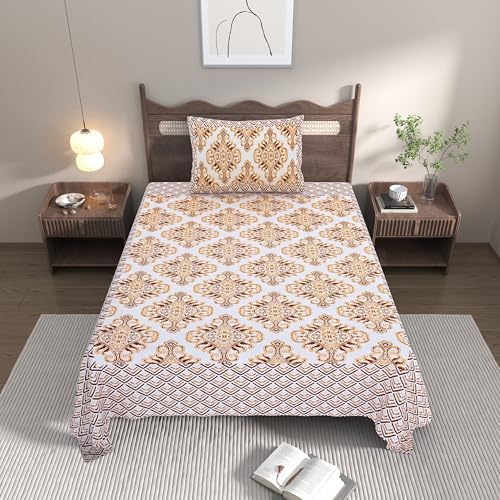 EasyGoods® 100% Pure Cotton Jaipuri Sanganeri Print Single Bedsheet with 1 Pillow Cover | Monarch Bedsheet for Single Bed Single Size| 240 TC Premium Printed Flat Bed Sheet (60 x 90 Inch,Yellow) - Image 2
