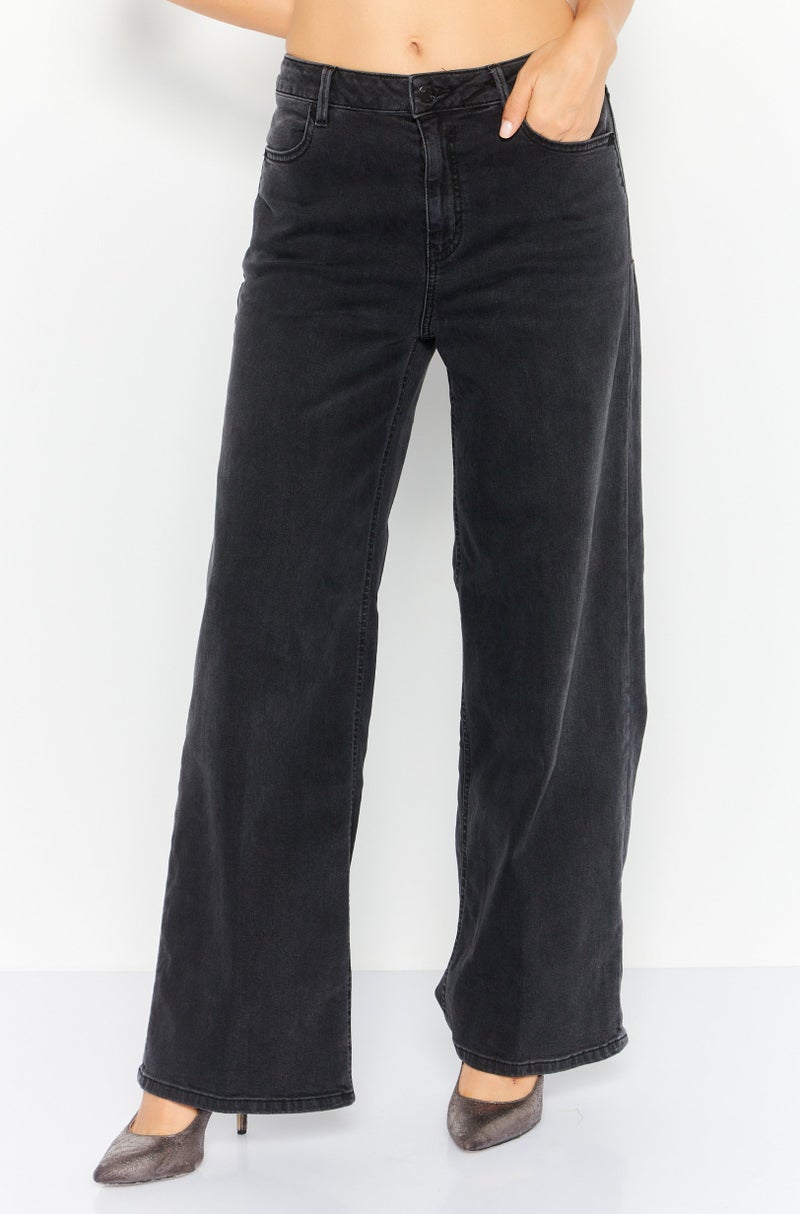 ESPRIT Women Regular Fit Wide Leg Washed Stretchable Jeans, Black - Image 1