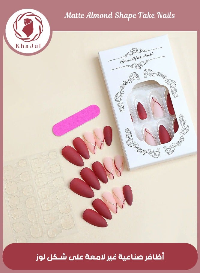 KHAJUL 24 قطعة أظافر مزيفة بشكل لوز غير لامع مع خطوط أنيقة باللونين الذهبي والأحمر، أظافر مزيفة أنيقة للنساء والفتيات، مستلزمات الأظافر أظافر صناعية أظافر مزيفة (متعددة الألوان) - Image 1