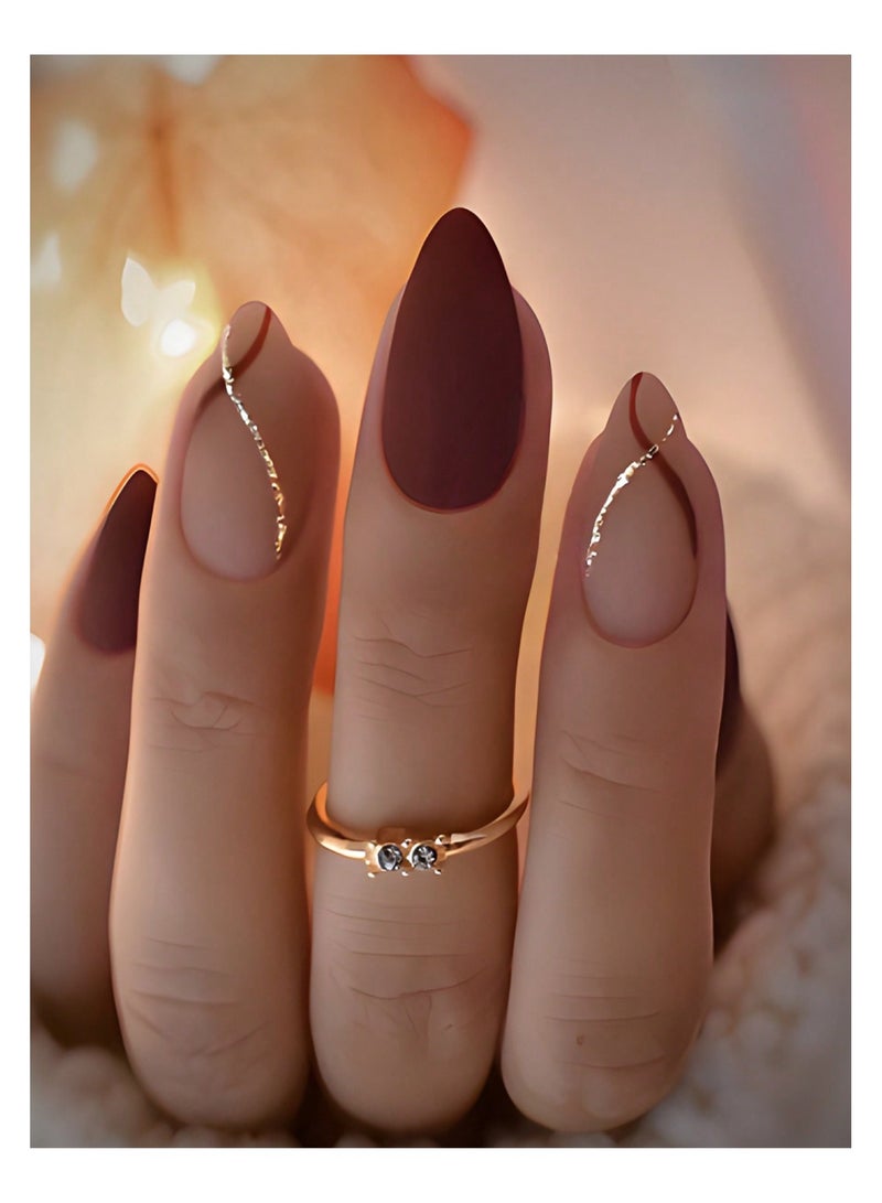 KHAJUL 24 قطعة أظافر مزيفة بشكل لوز غير لامع مع خطوط أنيقة باللونين الذهبي والأحمر، أظافر مزيفة أنيقة للنساء والفتيات، مستلزمات الأظافر أظافر صناعية أظافر مزيفة (متعددة الألوان) - Image 5