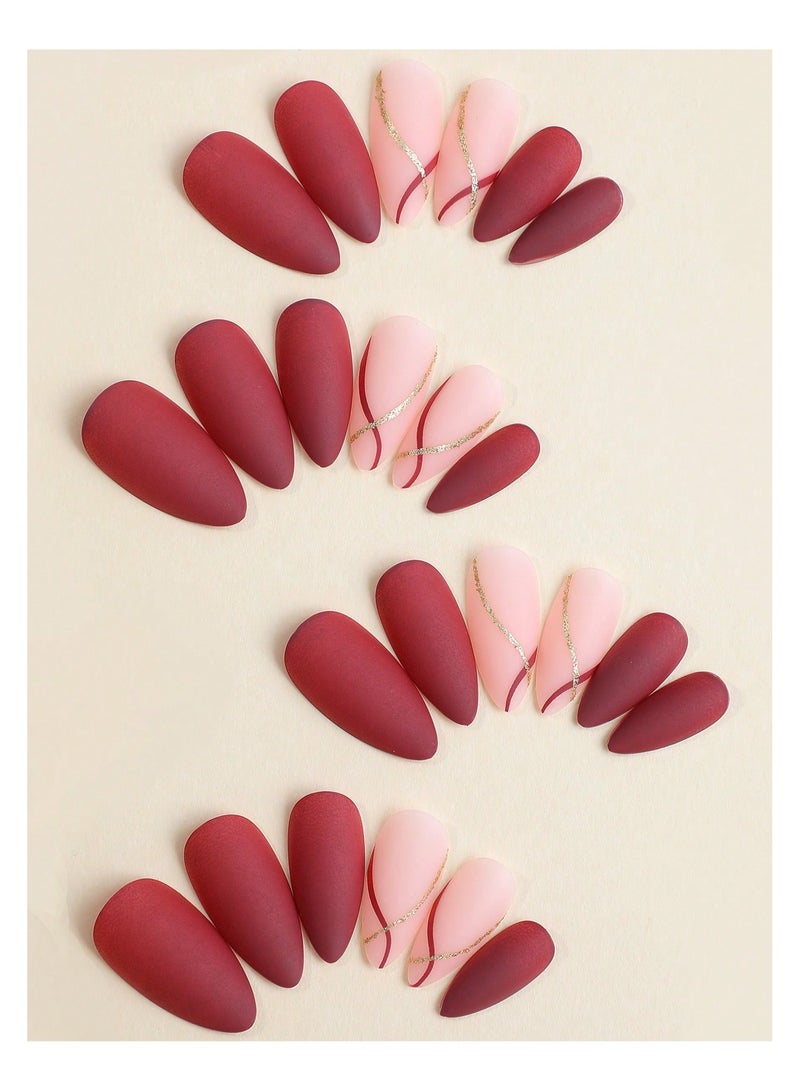 KHAJUL 24 قطعة أظافر مزيفة بشكل لوز غير لامع مع خطوط أنيقة باللونين الذهبي والأحمر، أظافر مزيفة أنيقة للنساء والفتيات، مستلزمات الأظافر أظافر صناعية أظافر مزيفة (متعددة الألوان) - Image 2